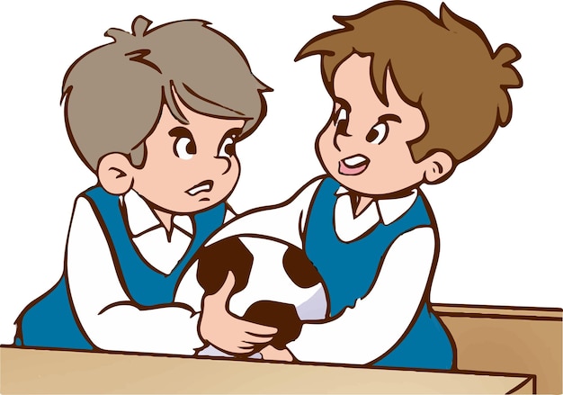 Cartoon two boys fighting over a soccer ball cartoon vector