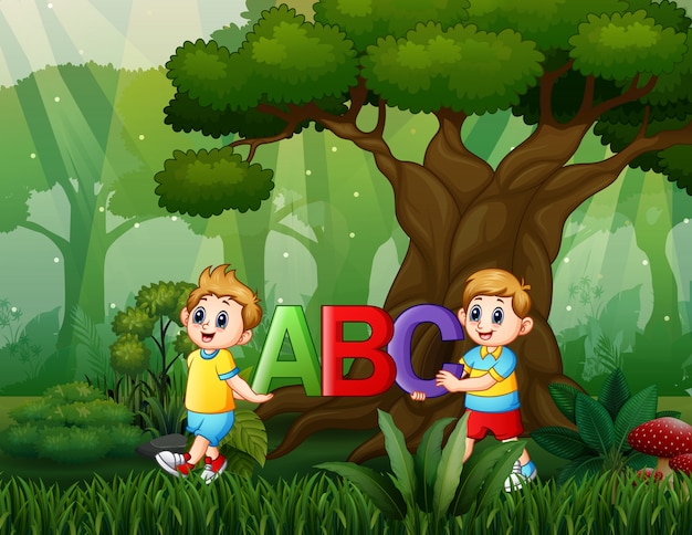 Cartoon two boys holding ABC text on the nature