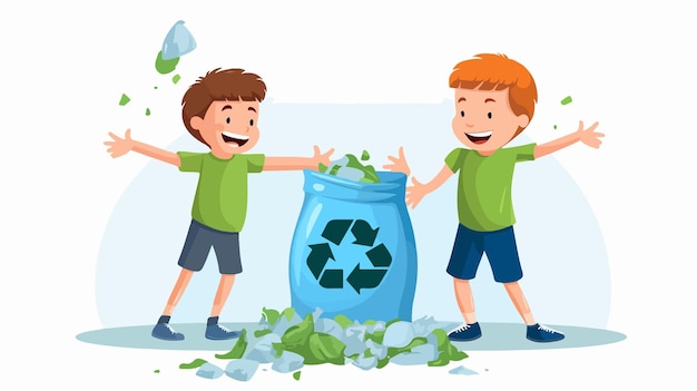 Vector a cartoon of two boys holding hands and a blue trash can with a cartoon image of a boy holding a blue bin with a blue trash bag