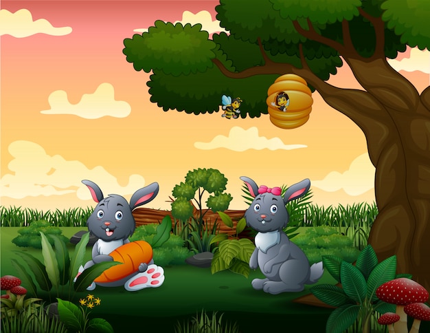 Cartoon two bunnies in the park