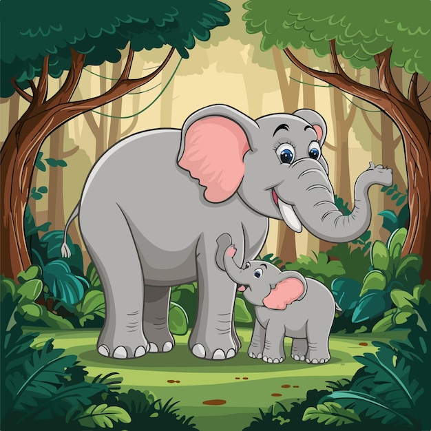 a cartoon of two elephants with trees in the background