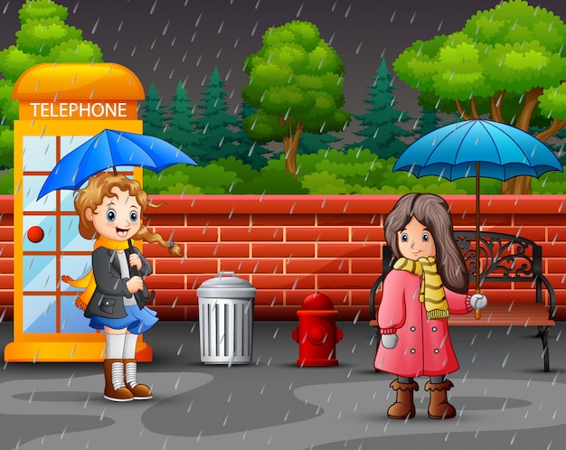 Vector cartoon two girl carrying umbrella 