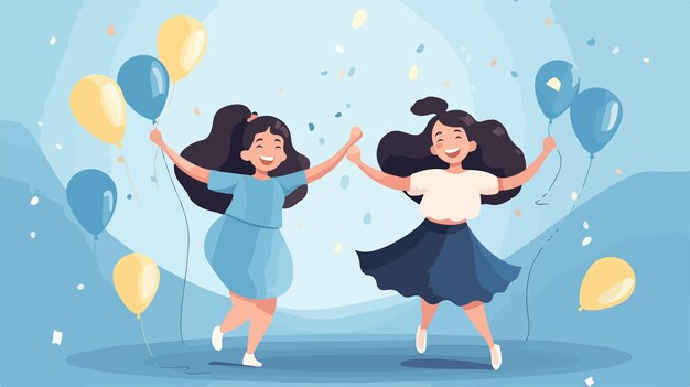 Vector a cartoon of two girls dancing with balloons and a blue background