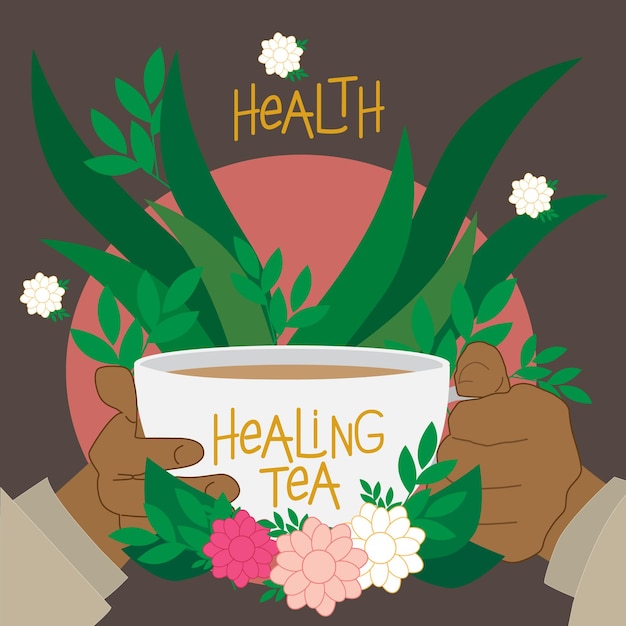 A cartoon of two hands holding a cup of healing tea.