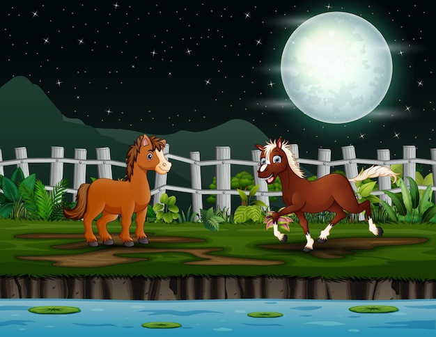 Cartoon two horses playing by the lake