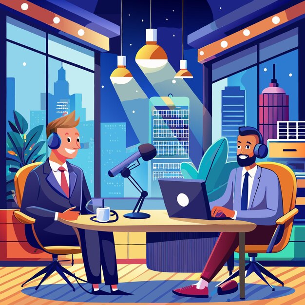 Vector a cartoon of two men in headphones and a microphone