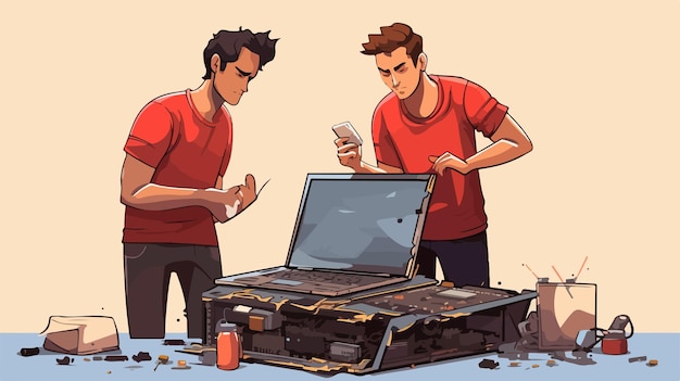 Vector a cartoon of two men with a laptop and a grill