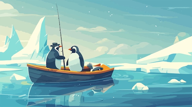 Vector a cartoon of two penguins on a boat with icebergs in the background