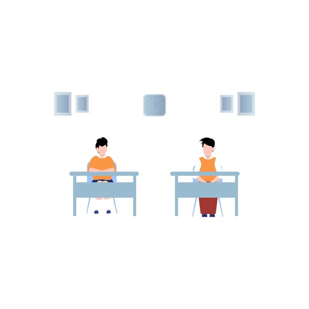 A cartoon of two students sitting at desks in a classroom.