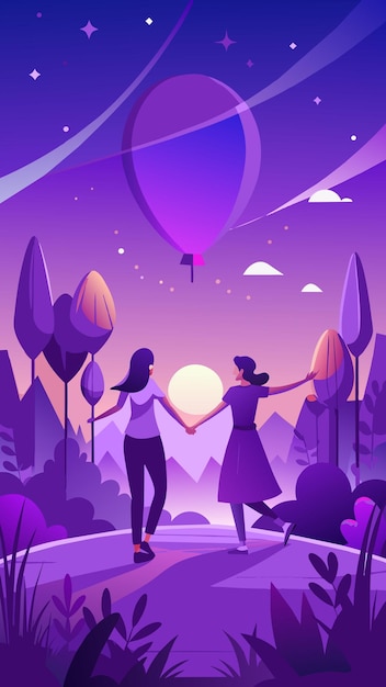 a cartoon of two women holding hands and a mountain with the sun behind them