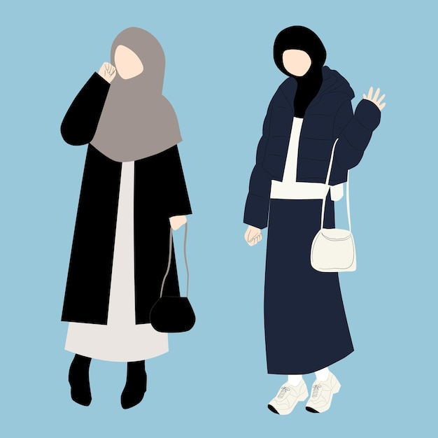 Vector a cartoon of two women wearing a black coat and a white bag