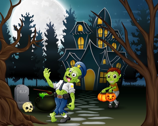 Cartoon of two zombie in front of the haunted house