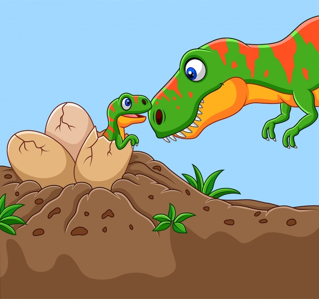 Cartoon Tyrannosaurus with her baby hatching 