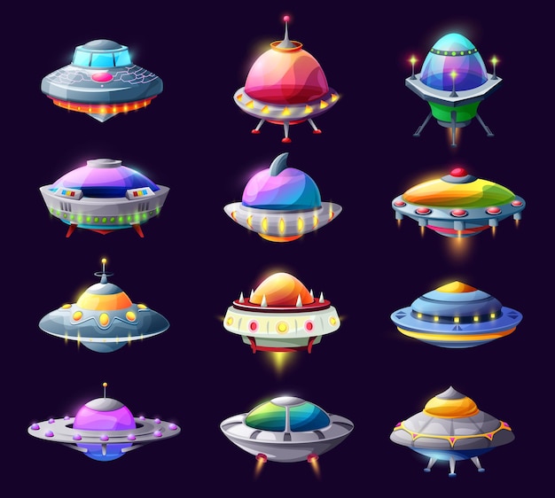 Cartoon ufo alien spaceships and space crafts, vector saucers, galaxy rockets, fantasy bizarre shuttles. Computer game graphic design elements, cosmic funny space ships with glow lights isolated set