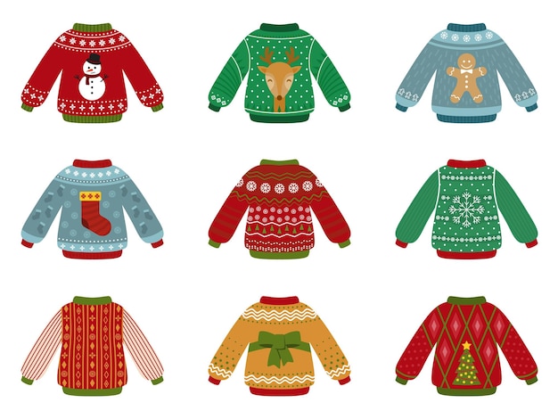 Vector cartoon ugly sweater christmas sweaters collection decorative holiday winter clothes isolated flat new year warm jumper recent vector set