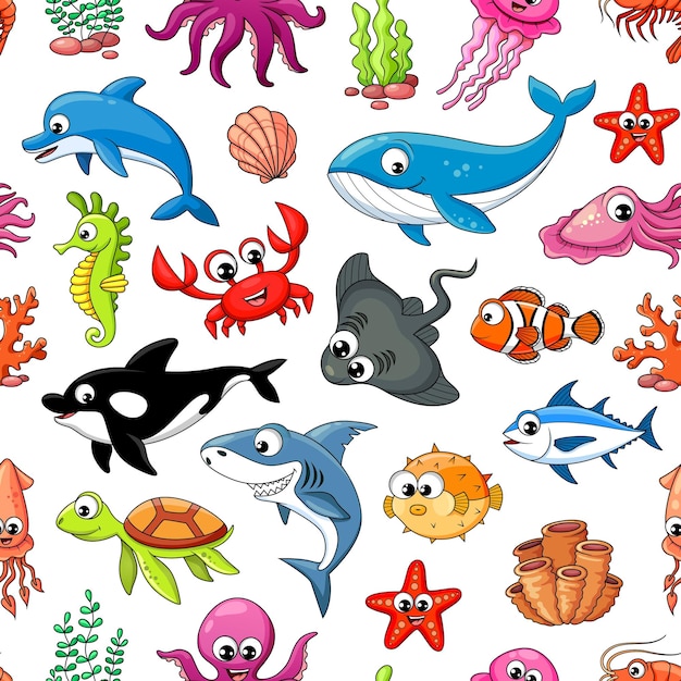 Cartoon underwater fishes animals seamless pattern