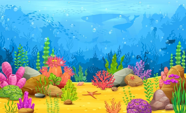 Cartoon underwater landscape arcade game level map Ocean animal and plant scene ocean deep wildlife vector backdrop with coral and seaweed plants whale dolphin and fish shoal silhouettes