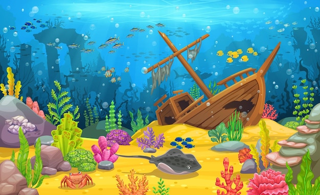 Cartoon underwater landscape ship columns fish