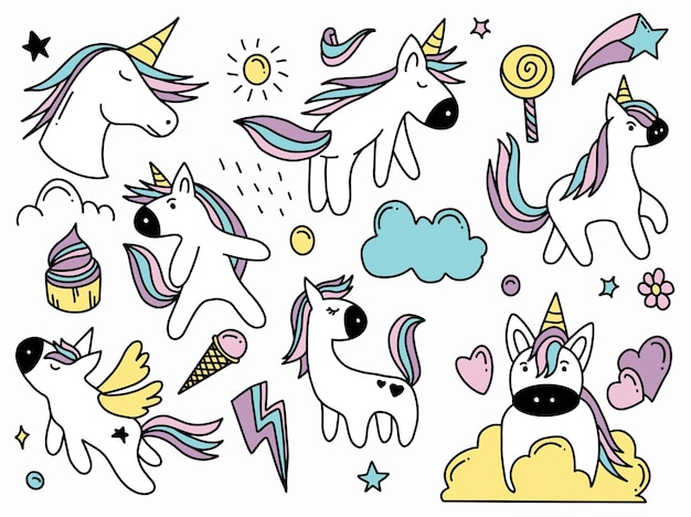 Cartoon Unicorn Doodle Collection