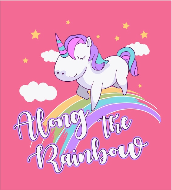 cartoon unicorn illustration on rainbow