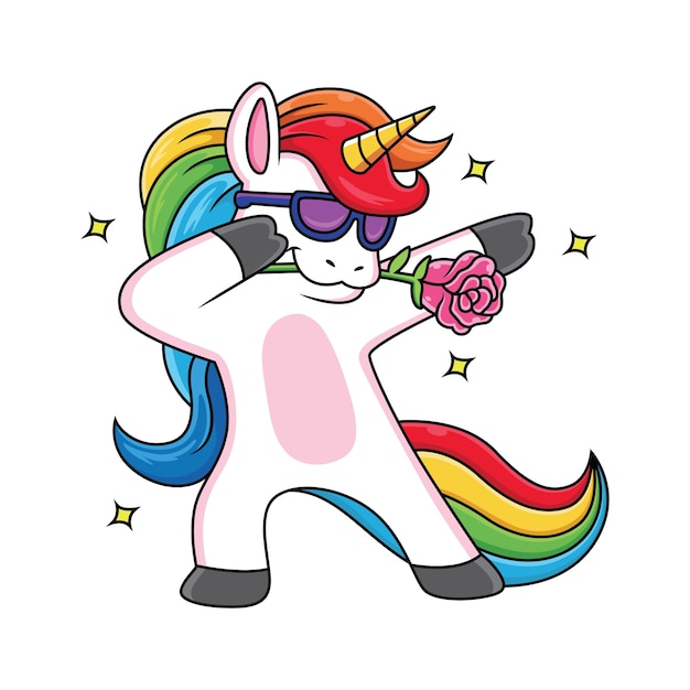 Cartoon unicorn with a cool pose with a rose