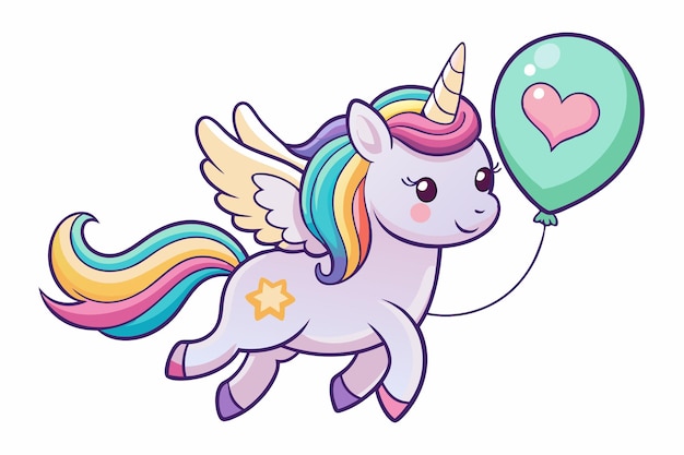 a cartoon unicorn with a heart shaped balloon in the sky