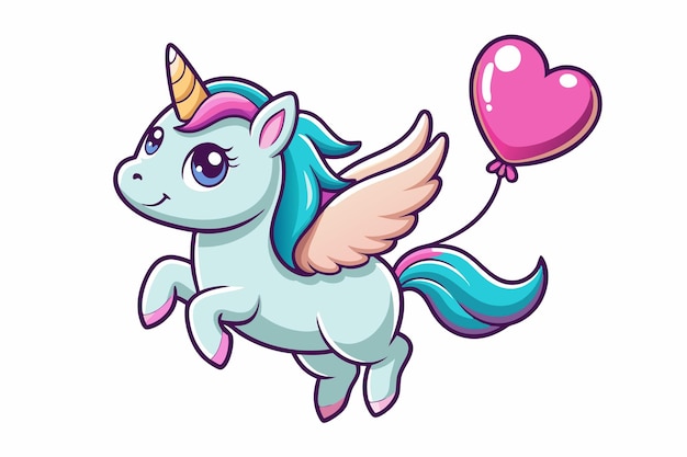 a cartoon unicorn with a heart shaped balloon in the sky