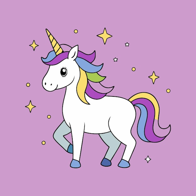 a cartoon unicorn with a purple background with stars