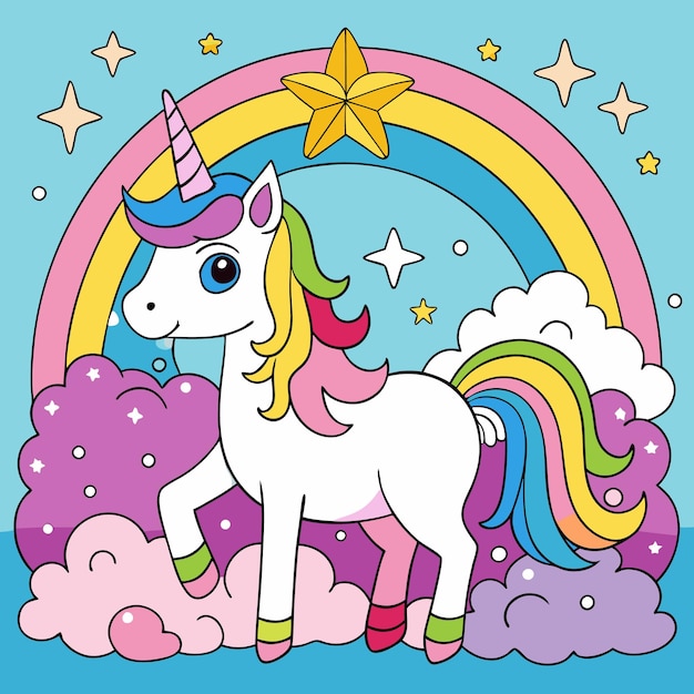 Vector a cartoon unicorn with a rainbow and stars in the background