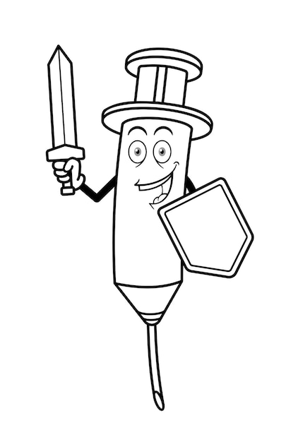 Cartoon Vaccine Syringe WIth Sword And Shield Outline