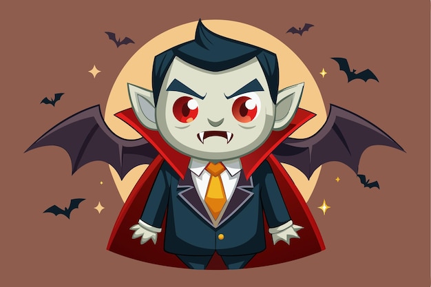 Vector a cartoon vampire stands menacingly with a cape and fangs surrounded by bats and glowing stars vampires customizable cartoon illustration