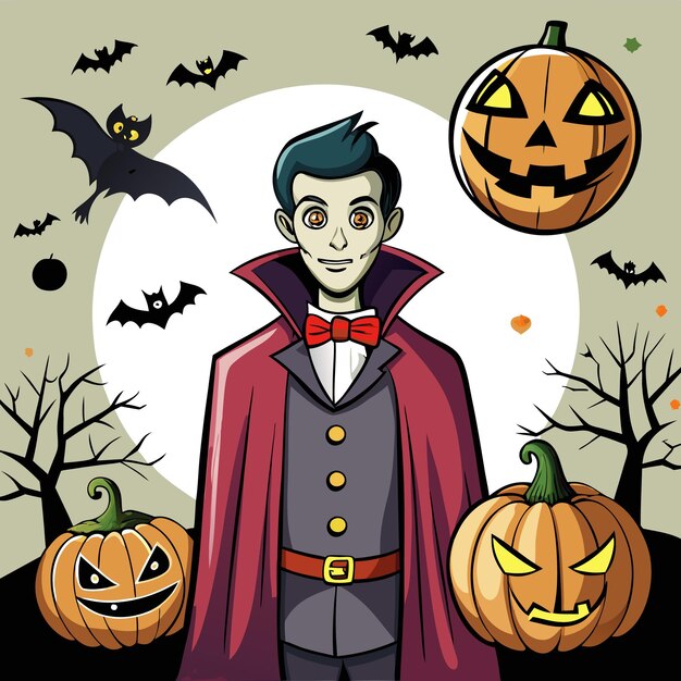 Vector a cartoon vampire surrounded by halloween pumpkins and bats