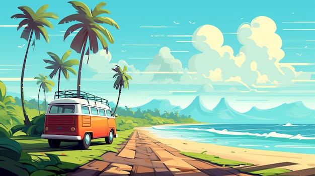 a cartoon of a van with a palm tree on the top of it