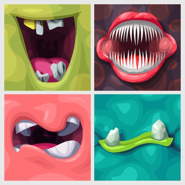 Cartoon various colorful monster mouths in set