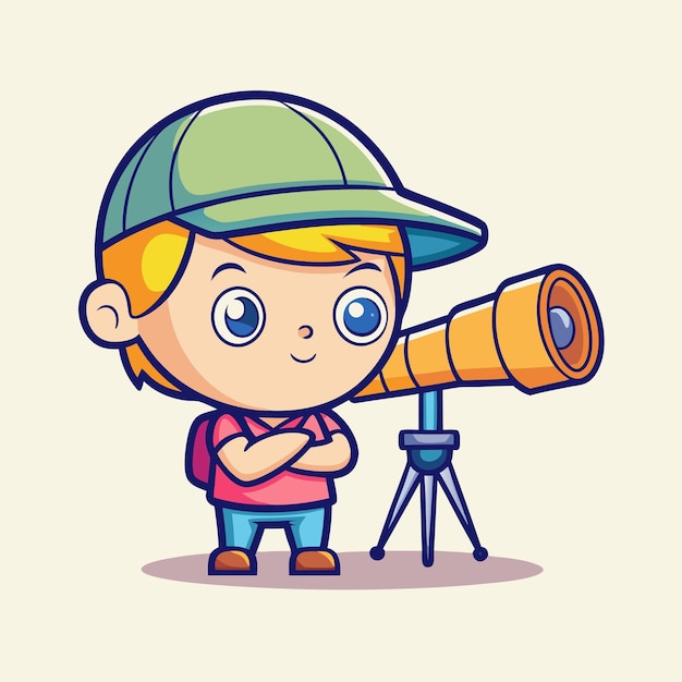 Vector cartoon vector art of boy in cotton cap gazing through telescope with awe and wonder