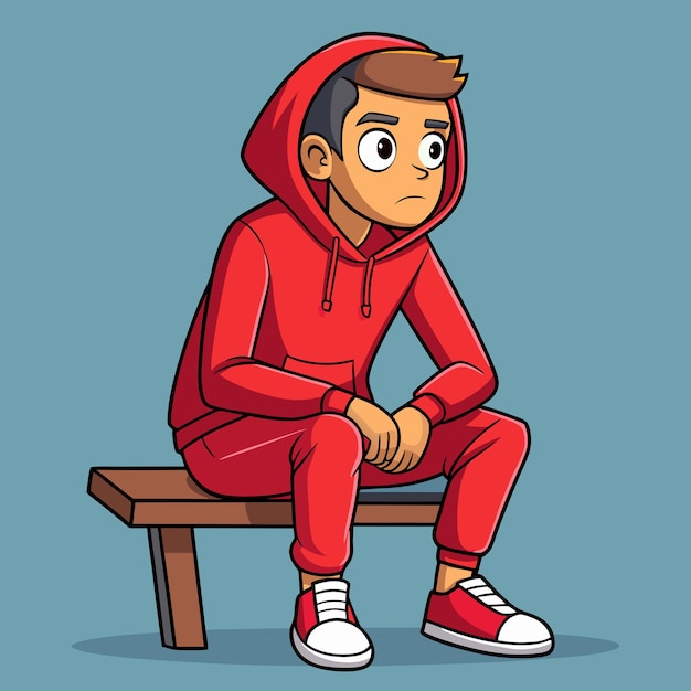 Vector cartoon vector design of a cute young boy in red hoodie sitting on a bench