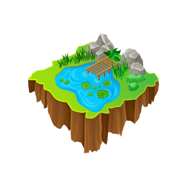 Cartoon vector design of isometric island Lake with wooden pier stones green plants and grass Element for mobile game