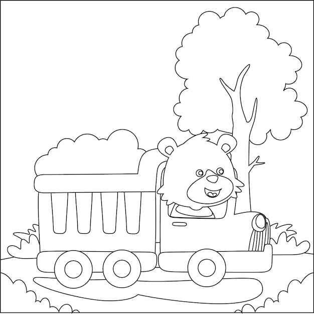 Vector cartoon vector of funny bear driving truck industrial elements illustration coloring book