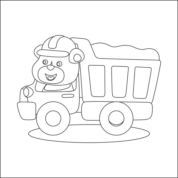 Vector cartoon vector of funny bear driving truck industrial elements illustration coloring book