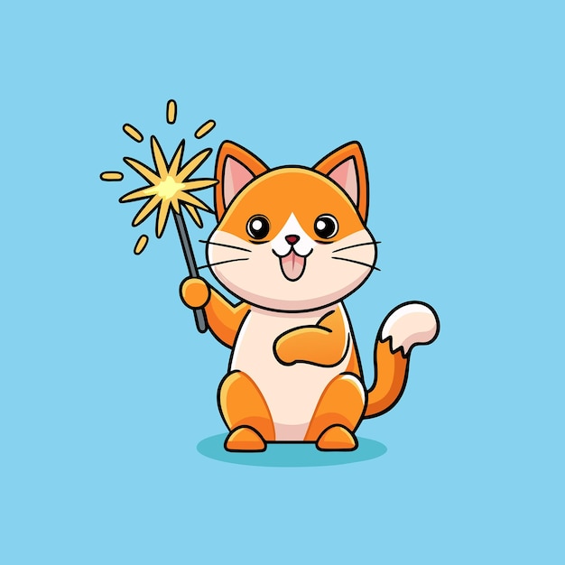 Cartoon Vector Icon of an Adorable Cat Playing with Fireworks