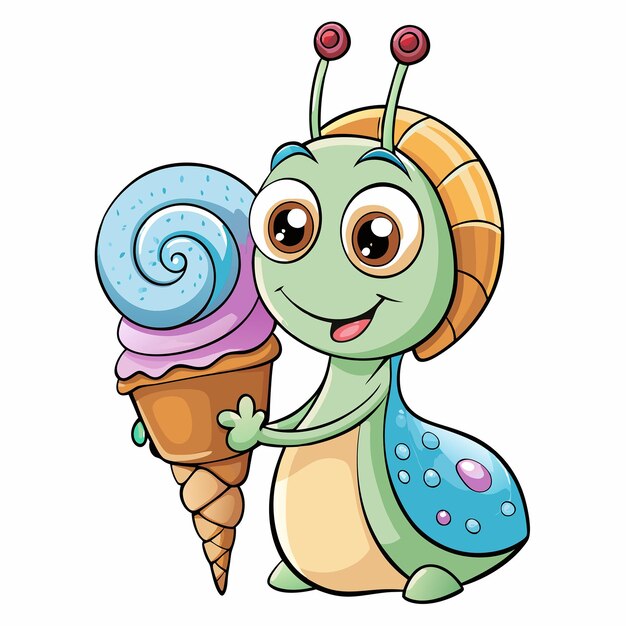 Vector cartoon vector icon of an adorable snail relishing a refreshing ice cream cone