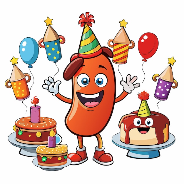 Vector cartoon vector icon illustration of a cute sausage celebrating a birthday party with friends