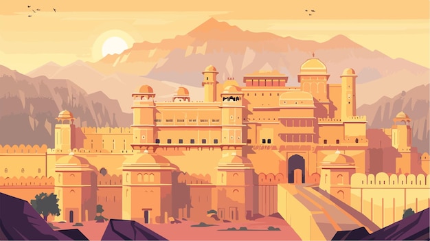 Vector cartoon vector illustration of amber fort in jaipur rajasthan india