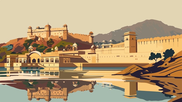 Vector cartoon vector illustration of amber fort in jaipur rajasthan india