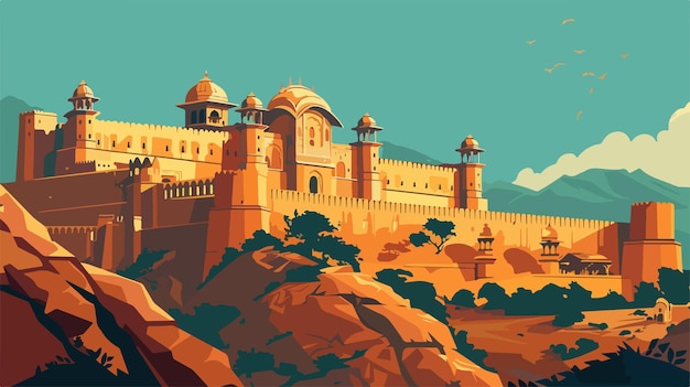 Vector cartoon vector illustration of amber fort in jaipur rajasthan india