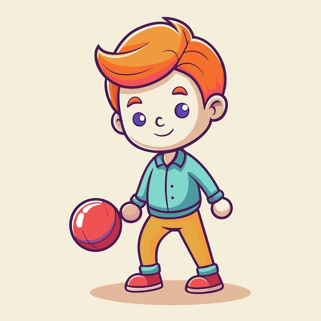 Cartoon Vector Illustration of Boy in Corduroy Pants and a Bouncy Rubber Ball