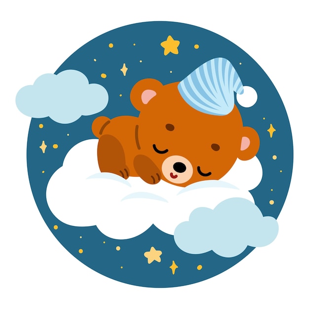 Cartoon vector illustration for children, Cute bear sleeps on a cloud