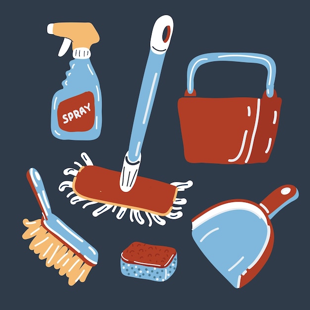 Cartoon vector illustration of Cleaning supply icons on dark background