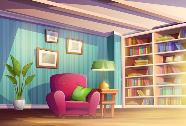 Cartoon vector illustration. Cosy home living room or cabinet with place for reading books. Library