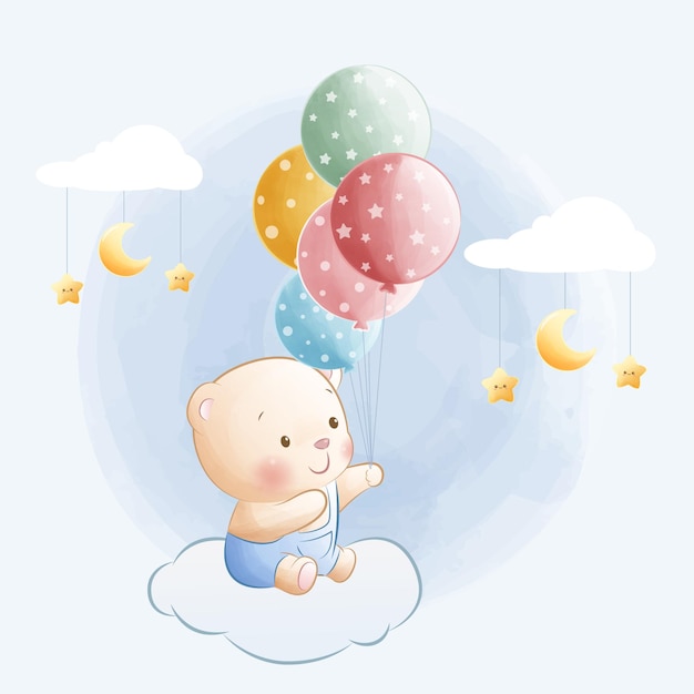 Cartoon vector illustration Cute baby bear sitting on the cloud